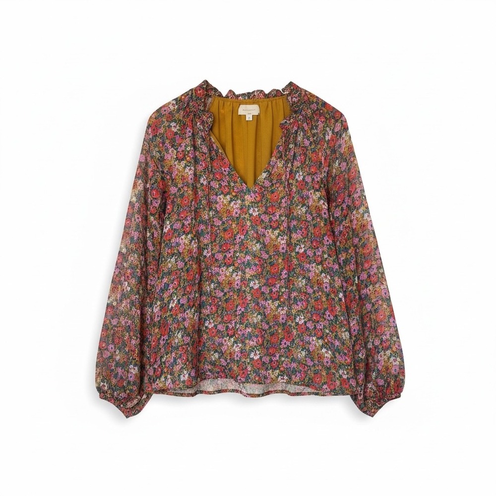 MELLODAY Floral Metallic V‎ Neck Ruffle Blouse Womens Size M Long Sleeve